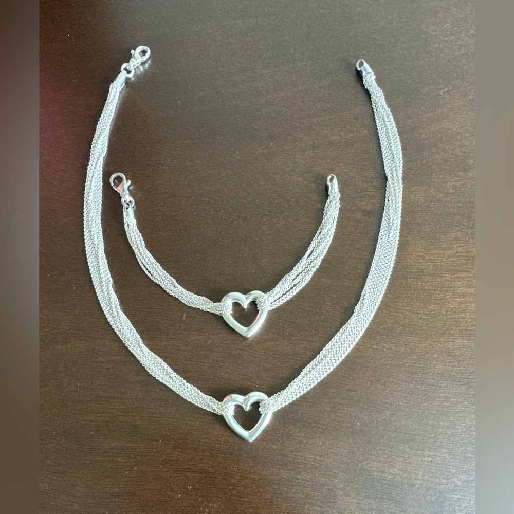 Matching sterling-silver multi-chain heart necklace/bracelet
